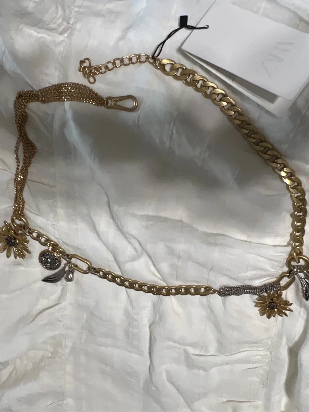 Zara Gold-Tone Mixed Charm Chain Belt with Floral Accents